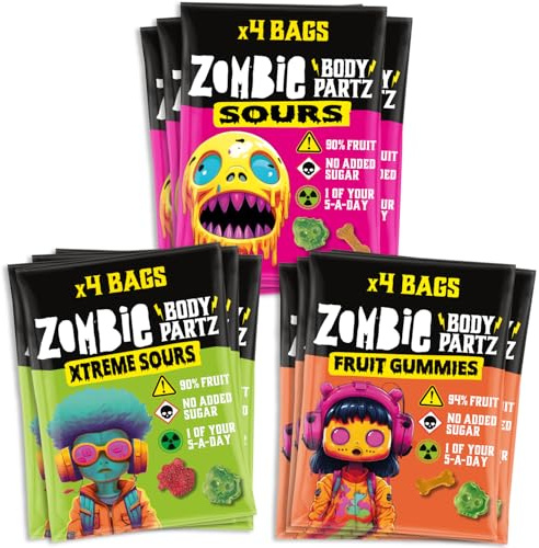 Zombie Real Fruit Gummies, Variety, Healthy, No Added Sugar, 12 x 35g Bags | Kids and Adults Lunchbox Snacks, No Added Sugar, Vegan, Gluten Free, Nut Free, Halal, Kosher, 1 of Your 5-a-Day, Sweets
