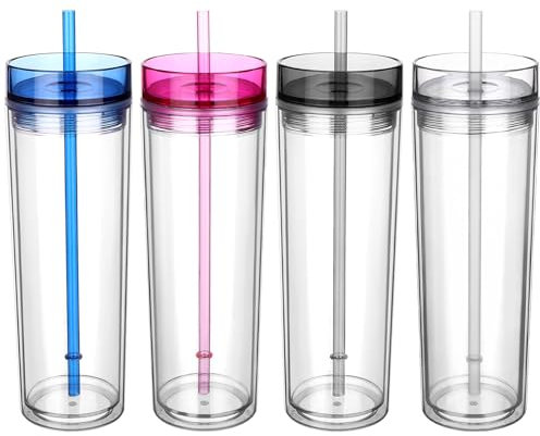 YXSJAS Plastic Skinny Tumblers Bulk 4 Colored Acrylic Tumblers with Lids Double Wall Tumbler with Straw Acrylic Tumblers Cleaner Reusable Cup Free Matte Plastic Iced Coffee Cups for Parties