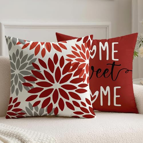 Vorysum 2er Set Kissenbezüge 45x45 cm Rot Dahlien Outdoor Kissen Modern Kissenbezug Blumen Dekorative Sofakissen Samt Optik für Garten Sofa Wohnzimmer Bett Doppelseitiges Muster