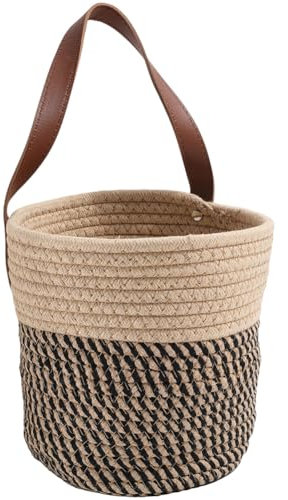 SOFPLATE 7.1 x 9.8 x 4.7 Inch Hanging Woven Wall Basket Hanging Rope Basket Tan Cotton Handle Macrame Multifunction Closet Shelf Storage Organizing Mounted Bin for Kitchen Room Fruit Plants Towels