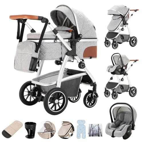 Zkiprm Kinderwagen 3 in 1, Reisesystem mit Autositz, Buggy mit verstellbaren Armlehnen, Kombikinderwagen mit Regenpolster, Moskitonetz, Aluminiumrahmen, Straßenwagen für 0-4 Jahre, Hellgrau
