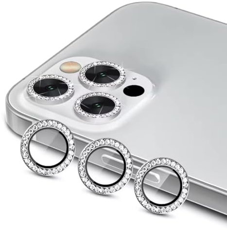 KK KENIK Camera Lens Protector For iPhone 13 Pro, Diamond Crystal Ring Design, 9H Tempered Glass, Case Compatible, HD Clear,iphone 13 Pro Camera Lens Protector (Silver)