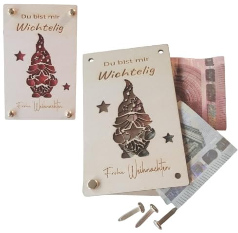 Generisch Holz-Geldgeschenkkarte Wichtel, Weihnachten, 12,5 x 7,8 cm, mit 4 Klammern