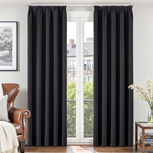 Vangao Kräuselband Gardinen für Schienensystem H220xB140 cm 2er Set Schwarz | Gardinen Blickdicht Kurz Wohnzimmer Küche Schlafzimmer Kinderzimmer Fenster, Thermo Black Blackout Curtains Modern 220 lang