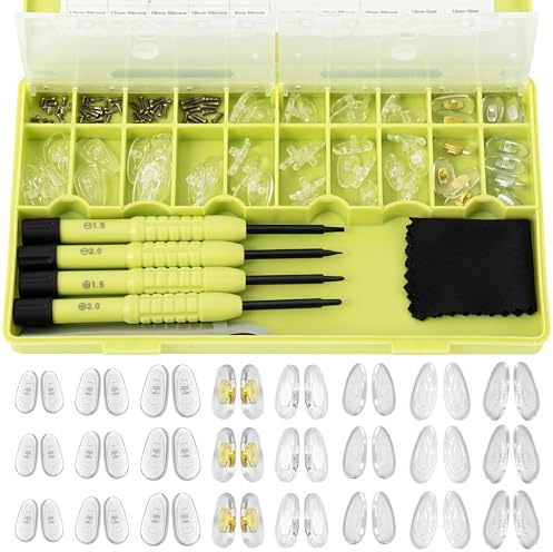 Eyeglass Nose Pads Replacement, 24 Pairs of Screw-in Glasses Nose Pads with Precision Screwdriver Set, Magnetic Eyeglass Repair Kit with Screws, Curved Tweezer for Travel, Birthday Gift, Christmas