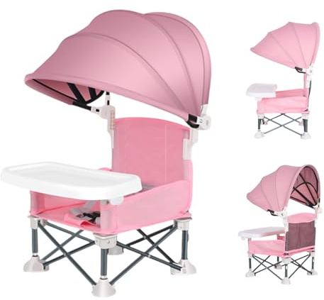 Chaise Haute Pliante Portable Pour Bébé Siège Enfant Extérieur Plateau | Chaise Haute Pliante Pour Bébé avec Auvent pour Pelouse, Plage, Extérieur, Camping, Maison, , Pique-nique