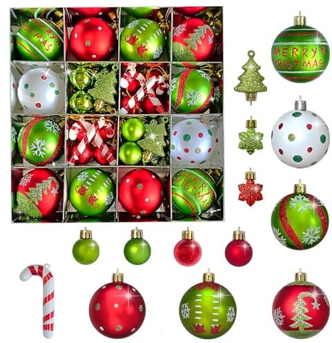 Weihnachtskugeln, 46 Stück Weihnachtsbaumschmuck Rot und Grün Christbaumkugeln Kunststoff Christmas Ball Elfen Thema Weihnachtskugel Christbaumkugeln Aufhänger Christbaumschmuck