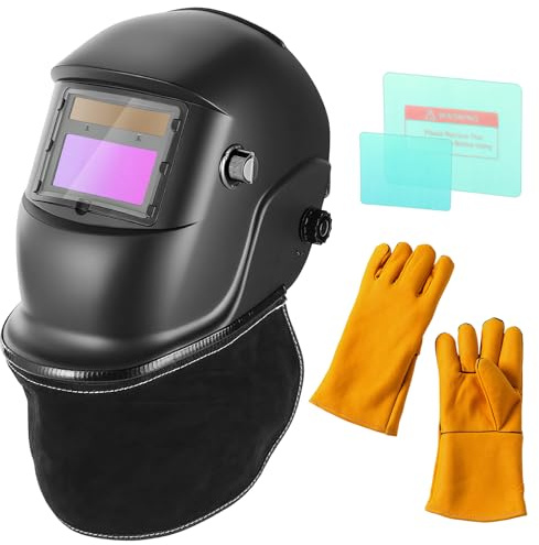 BOSYTRO Schweißmaske,Automatisch Abdunkelnder Schweißhelm,Austauschbarer Batterie,mit 2 Schutzfolien + Schweißhandschuhen + Nackenschutz aus echtem Leder, Einstellbare Tönung 9-13 für ARC Cut Grind