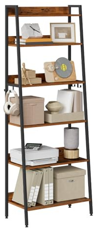 WOLTU Regal mit 6 Ebenen, Standregal, mit 4 Haken, Holzoptik+Schwarz | Leiterregal Metallrahmen, im Industriestil, für Wohnzimmer Badezimmer Küche, 64x187,5x36 cm