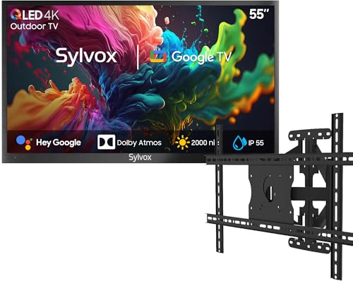 SYLVOX 55 Zoll Outdoor TV mit Wandhalteung, 4K UHD QLED Google Fernseher, 2000 Nits, Sprachassistent, Dolby Atmos, IP55 Wasserdicht TV für Garten, Terrasse, Pool &Gewerberäume(Pool Pro 2.0 QLED)