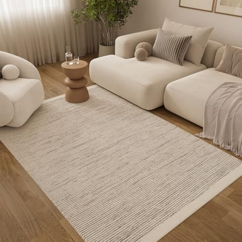TAPISO Loni Wollteppich handgewebt Beige Creme Wohnzimmer 300 x 400 cm | Wollwebteppich Wolle und Baumwollteppich Hand Made pflegeleicht für Schlafzimmer Flur Esszimmer