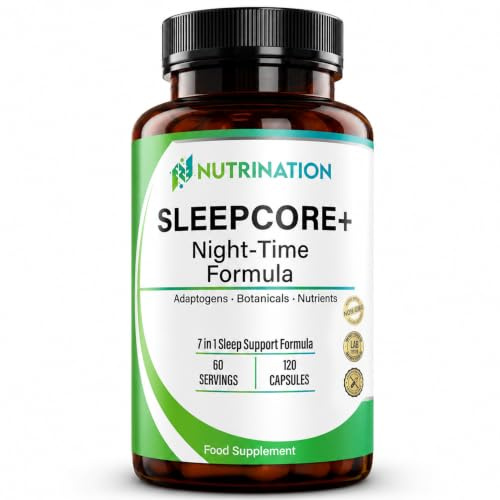 Sleepcore+ Sleeping Tablets for Adults | Melatonin-Free Formula | 7-in-1 Herbal Blend with Ashwagandha, L-Theanine, Magnesium & Tart Cherry | 120 Vegan Capsules - Non GMO | Lab-Tested