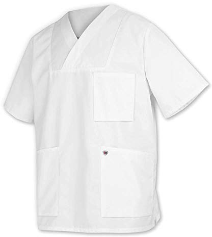 BP 1653-400-21-XLn Unisex Überzieh-Kasack, 1/2 Hülse, V-Ausschnitt mit Überlappung und 1 Druckknopf, 215,00 g/m² Stoffmischung, weiß, XLn