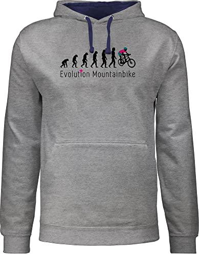Pullover Herren Frauen Hoodie Kontrast zweifarbig - Entwicklung und Outfit - Mountainbike Evolution - L - Grau meliert/Navy Blau - radsport mtb hoodies radfahren bike pulli fahrrad downhill hoody