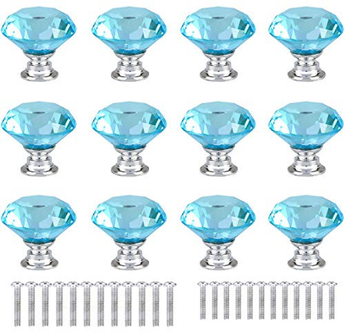 anjuu 12 PCS 30 mm Diamant Form Kristall Glas Möbelknopf mit Schrauben Schublade Knopf Pull Griff verwendet für Küche, Kommode, Tür, Schrank azurblau