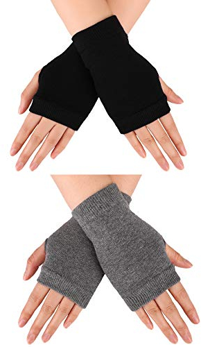 Blulu Fingerless Warm Gloves with Thumb Hole Cozy Half Fingerless Driving Gloves Knit Mittens for Men, Women (Black, Grey, 2 Pairs)