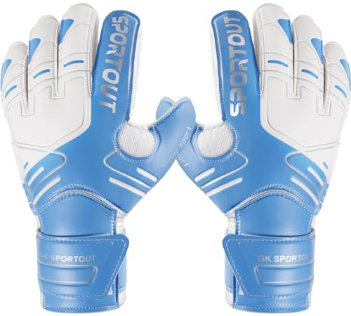 Sportout - Guantes de portero para jóvenes y adultos, con agarre fuerte para las paradas más duras, con refuerzos en los dedos para una mayor protección y para evitar lesiones, color azul, tamaño 6
