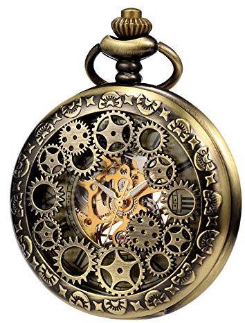 TREEWETO Unisex Taschenuhr mit Kette Analog Handaufzug Antik Zahnrad verziert Römische Bronze