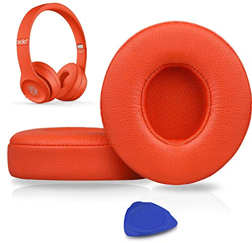 SoloWIT Earpads Cushions Replacement for Beats Solo 2 & Solo 3 Wireless On-Ear Headphones, Ear Pads with Soft Protein Leather, Added Thickness - (Citrus Red)