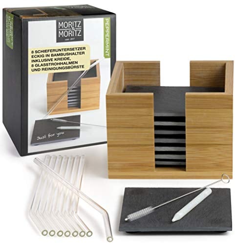 Moritz & Moritz 8X Untersetzer Gläser Schiefer Eckig 10 x 10 cm mit Glasstrohhalme 19 teilig - Glasuntersetzer Rund mit Box Glashalmen Bürste Kreidestift - Für Gläser und Tassen
