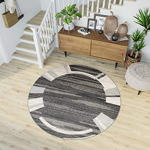 TAPISO Sari Teppich Rund Creme Dunkelgrau Modern Streifen Bordüre Meliert Design Wohnzimmer Schlafzimmer ÖKOTEX 130 x 130 cm