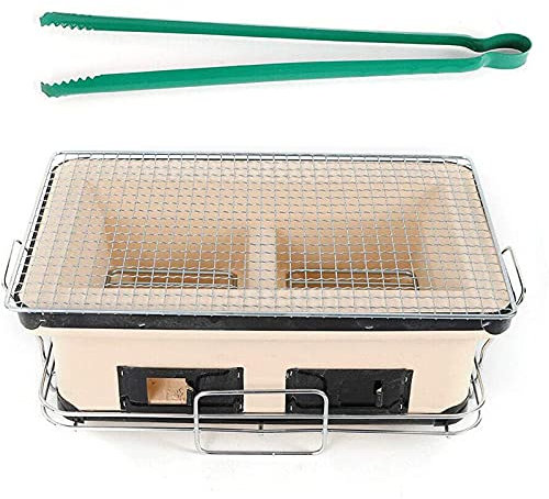 Zuhause Camping Holzkohlegrill, Japanisch Yakitori BBQ Tischplatte Holzkohlegrill Rechteck Holzkohleofen Hibachi Kocher Mit Rost, Stand Und Food Tong (Beige)