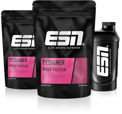 ESN Designer Whey Proteinpulver + Gratis Shaker, Cherry Yogurt, 2 x 1 kg, bis zu 23 g Protein pro Portion, ideal zum Muskelaufbau und -erhalt - made in Germany