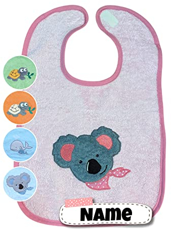 Baby Lätzchen mit Klettverschluss | 100% Bio Baumwolle | bestickt mit Namen | Riesen Lätzchen | Baby Latz | personalisiert | Spucktücher (Koala Perlrosa)