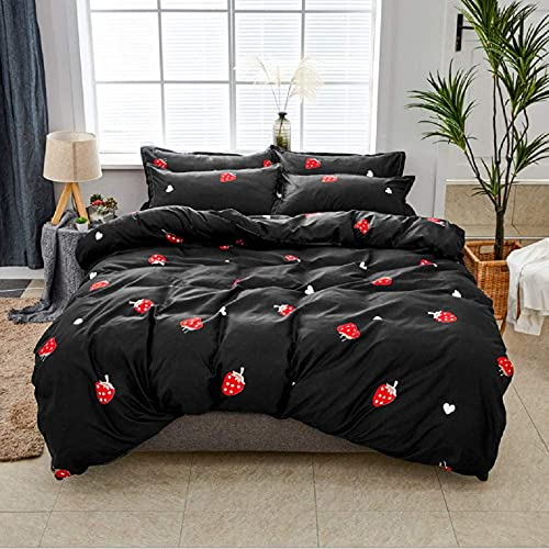 Homewish Erdbeer Bettwäsche Set 135 x 200 Erdbeer Dekor Bettbezug rot Erdbeer Bettbezug Kawaii Bettwäsche süßes Obst Thema süße Erdbeere Bettset mit Reißverschluss rot schwarz