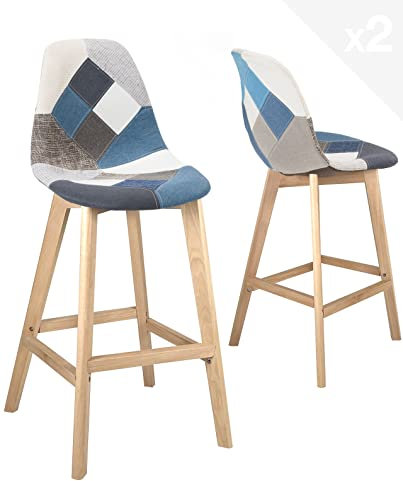KAYELLES Lot de 2 chaises de Bar Patchwork, Hauteur Assise 67 cm, Style scandinave, Large et Confortable siège à Haut Dossier, Tissu rembourré, Pieds Bois de hêtre Clair Slick (Bleu)