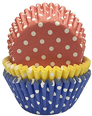 Anniversary House Pack of 75 Polka Dot Cupcake Cases for Baking, Baking Cups for Cupcakes, Heavy Duty Greaseproof Paper, Red, Yellow, Blue, 3.2 x 5cm, J138