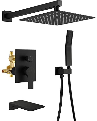 SHAMANDA Duschsystem mit Wasserfallwannenauslauf und Handbrause, 25,4 cm Regenduscharmatur-Sets komplett mit rundem Ventil und Verkleidung Wandhalterung, Mattschwarz, L1010-7