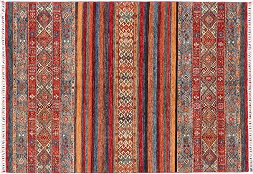 RUG PRINCE Afghan Ziegler Khorjin Teppich 170x240 Handgeknüpft Blau Streifen Orient b