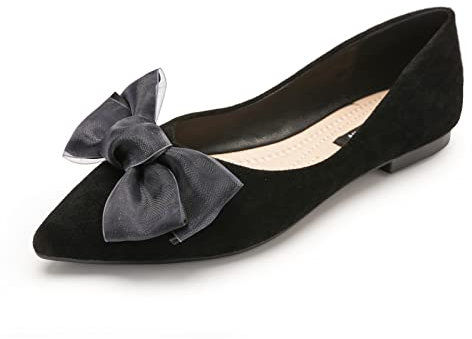 MACHSWON Womens Ballet Flats Pointed Toe Bow Faux Suede Ladies Black Slip On Ballet Pumps Dolly Shoes(Black-1, Size 5.5)
