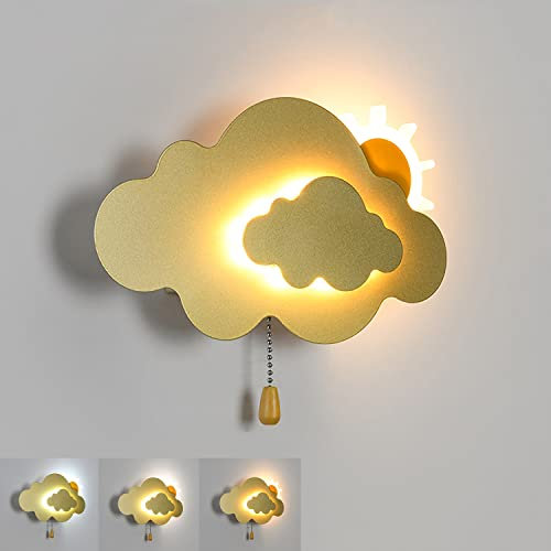 LED Wolken Kinder Wandlicht mit Zugschalter, 7W Dimmbar Kinderzimmer Wandleuchte 3000K-6000K Madchen Junge Zimmer Kinderlampe Bettlampe Wolkenform Innen Wandlampe mit Schalter,Gold