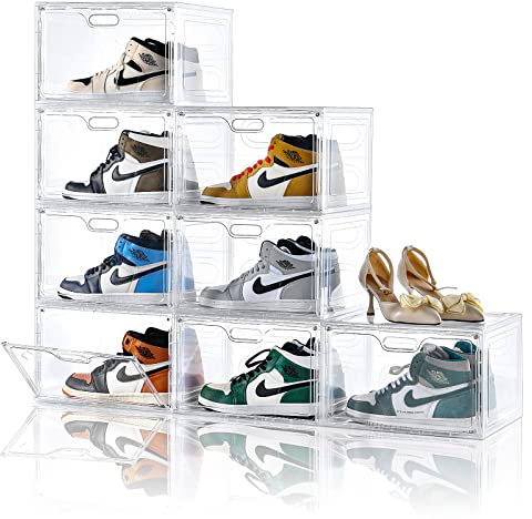 Amllas Paquete de 8 cajas de zapatos de plástico transparente apilables, organizador grande de almacenamiento de zapatos con tapas, contenedores laterales para zapatos para entrada, almacenamiento de