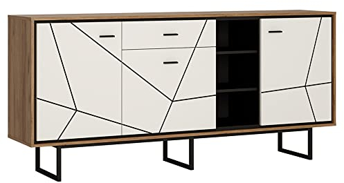 Lomadox Sideboard Anrichte mit offenen Fächern modern Wohnzimmer Esszimmer in Catania Eiche Nb. mit schwarz und weiß Hochglanz, B/H/T: ca. 197,5/90,5/40 cm