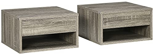 HOMCOM Lot de 2 Tables de Chevet murales Table de Nuit - tiroir Coulissant, Niche, Plateau - en Bois dim. 37L x 32l x 21H cm Gris