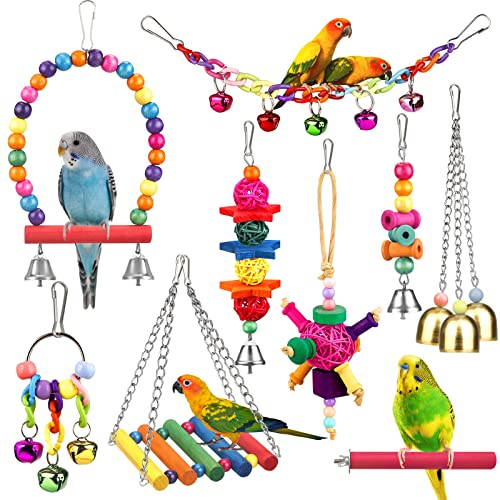 Juguetes para pájaros para conures con escalera colorida, hamaca para pájaros, jaula para pájaros, soporte para perca, juguetes para masticar, campana colgante para loro, periquito, cacatúa