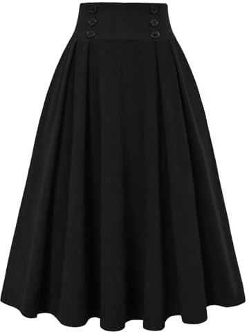 Belle Poque Damen Kordrock Hohe Taille A-Linie Swing Rock mit Taschen Schwarz BP0859-01 L