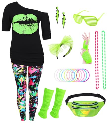 80er Jahre Outfit Damen 80 er Jahre Fasching Kostüm Zubehör Rosa Set mit Bauchtasche Haarband Ohrring Netzhandschuhe Gläser Armband Halskette Leggings Neon Kleidung Bad Taste Outfit Damen VL017L