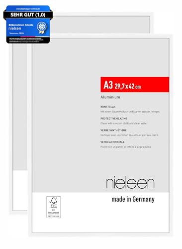 nielsen Bilderrahmen, 29,7 x 42 cm (A3) (2er Set), Aluminium, Weiß matt, Posterrahmen zum Aufhängen im Hoch- & Querformat, bruchsicheres Kunstglas, Atlanta