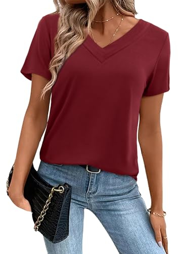 Amoretu T-Shirt Damen Kurzarm Sommer V Ausschnitt Shirts Plissee Blusen Weinrot L