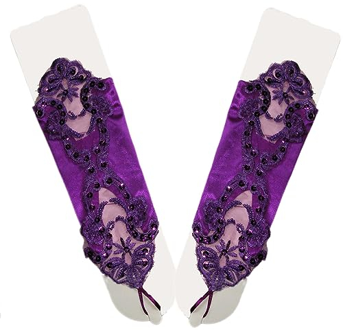 Whakano Damen Fingerlose Handschuhe,Elegante Spitzen Satin Handschuhe mit Pailletten,Brauthandschuhe,Opernhandschuhe,für Halloween,Bankett,Party,Hochzeit,Abschlussball,Cosplay,Tea Party Zubehör,Lila