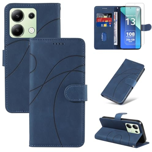 Cover Per Xiaomi Redmi Note 13 4G (Non per Redmi Note 13 5G) con 1 pezzi Vetro Temperato Pellicola Protettiva, Pelle PU e Flip Custodia, Funzione Supporto e Portafoglio Caso (Blu)