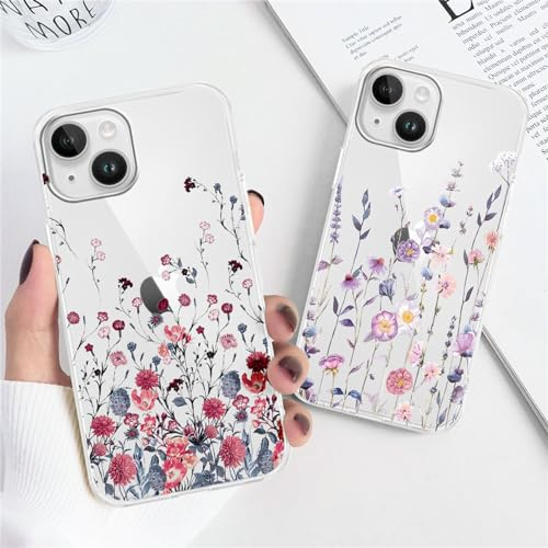 Xylota 2 Stück Handyhülle für iPhone 15 6,1 Hülle, Transparent Case mit Aesthetic Muster Blumen, Durchsichtig Weich Silikon Ultra Dünn TPU Stoßfeste Kratzfest Schutzhülle Frauen Mädchen Cover
