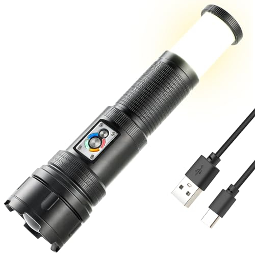 UltraFire 1500 Lumen Taktische Taschenlampe, Wiederaufladbar Camping Lampe, Zoomable LED Taschenlampe mit Rotem Stroboskop Modus, Multifunktionsleuchte für Draußen