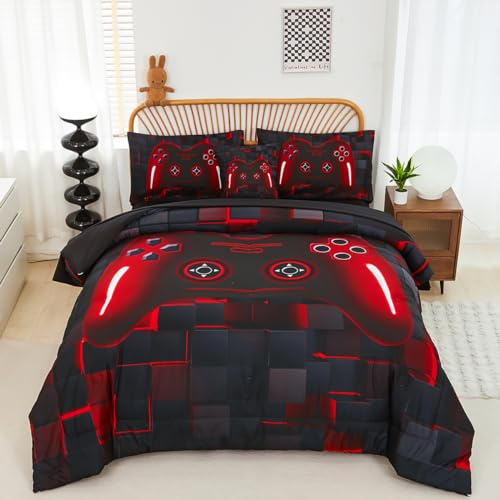 PERFEMET 6-Piece Boys Comforter Set Full Size Game Console Bedding Set for Kids Teen 3D Black and Red Gamepad Gaming Bed in a Bag Matching Sheet Set(Red, Full)