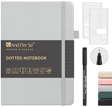 &And Per Se Bullet Dotted Journal Notizbuch, A5, Leder, Hardcover, 176 nummerierte Seiten, 100 g/m² dickes, gepunktetes Papier, 2 Bögen Schablonen enthalten, 14 x 20 cm, Grau