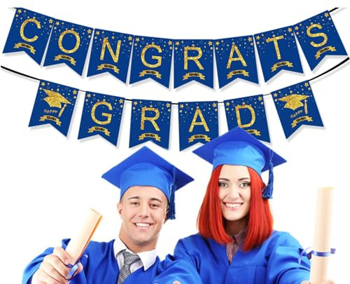 Abschlussfeier Banner Congrats Grad 2024 Blau Dekorationen Congrats Grad Banner Blau Congrats Grad Dekorationen Papier Wiederverwendbar Goldene Buchstaben